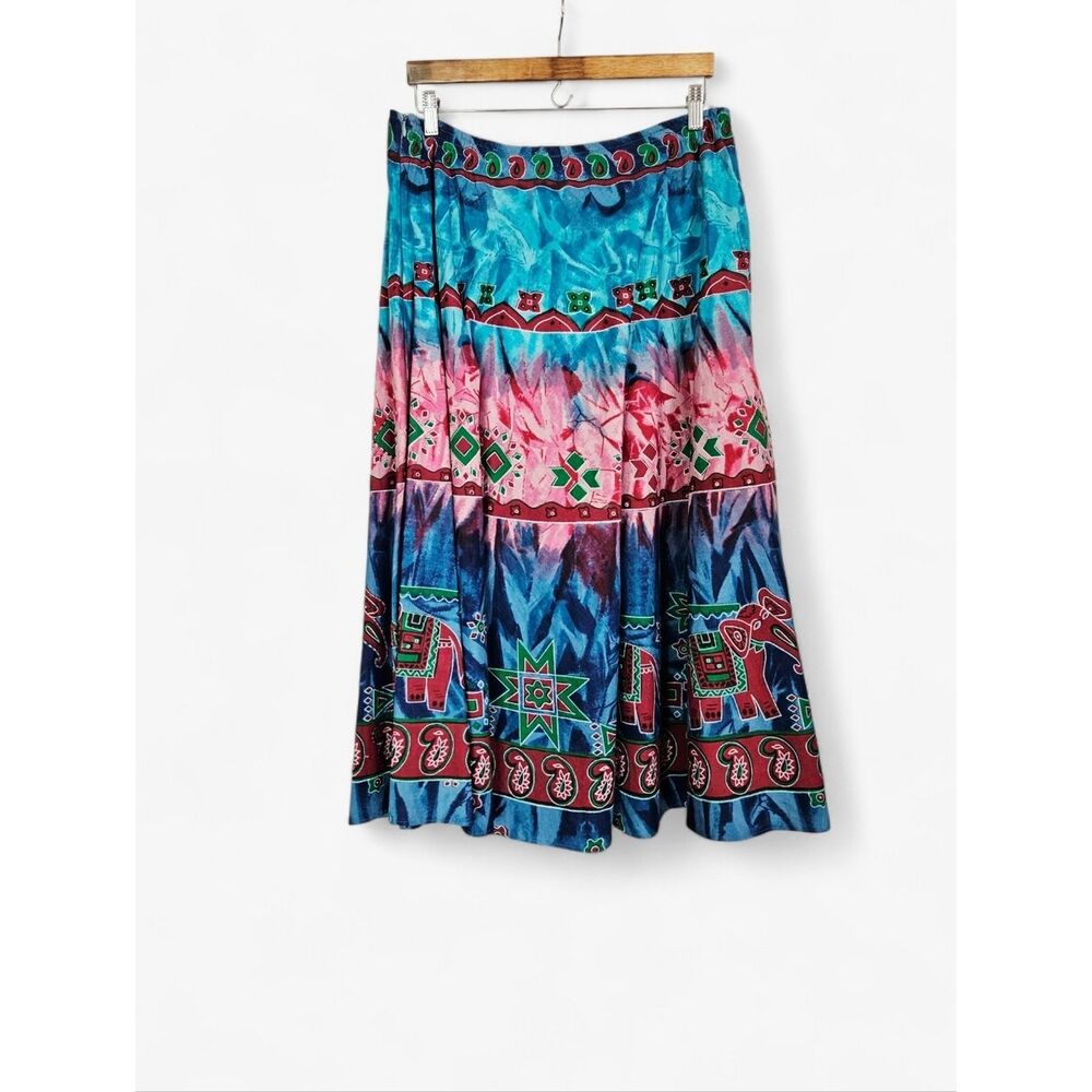 Vintage Moka Sport Batik Dyed Beaded Sequined Elephant Boho Cotton Midi Skirt L